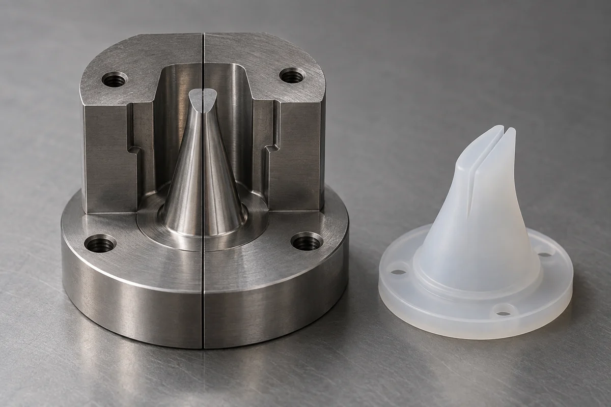 Silicone valve beside a polished tapered mold-core insert