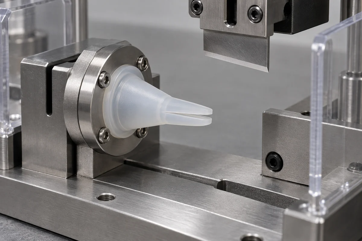 Stationary guarded slitting fixture with a silicone valve held at its flange