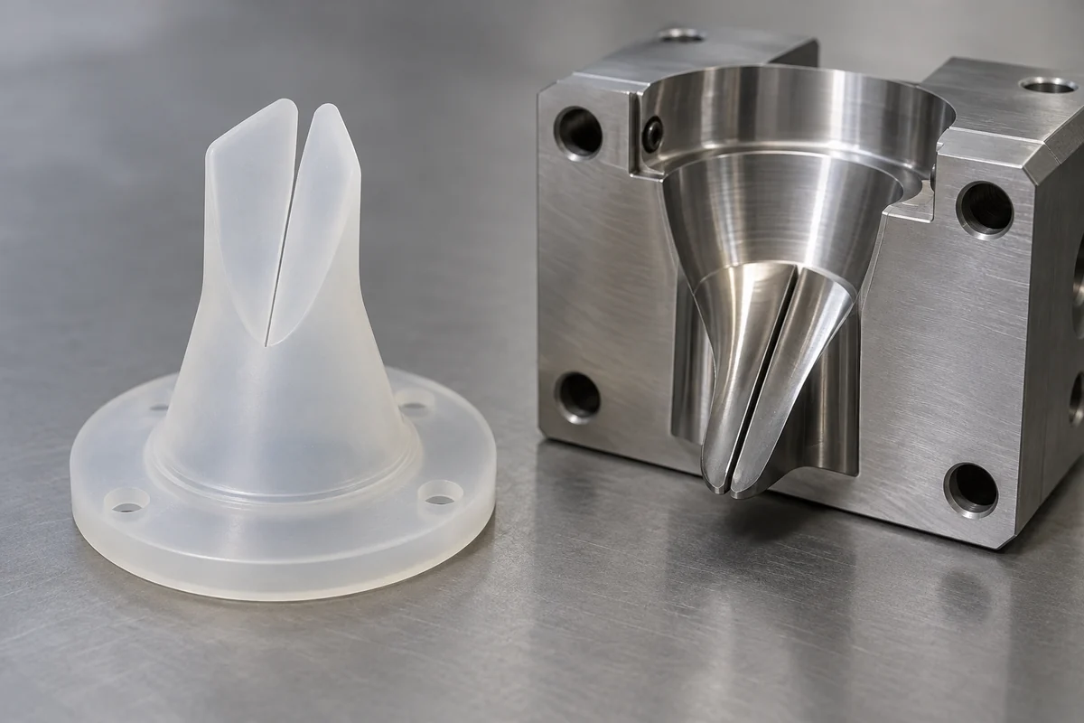 Thin silicone duckbill lips beside a polished precision mold insert