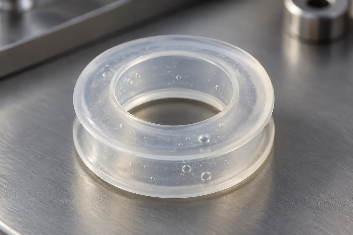 Close view of small internal bubbles in a translucent silicone annular part