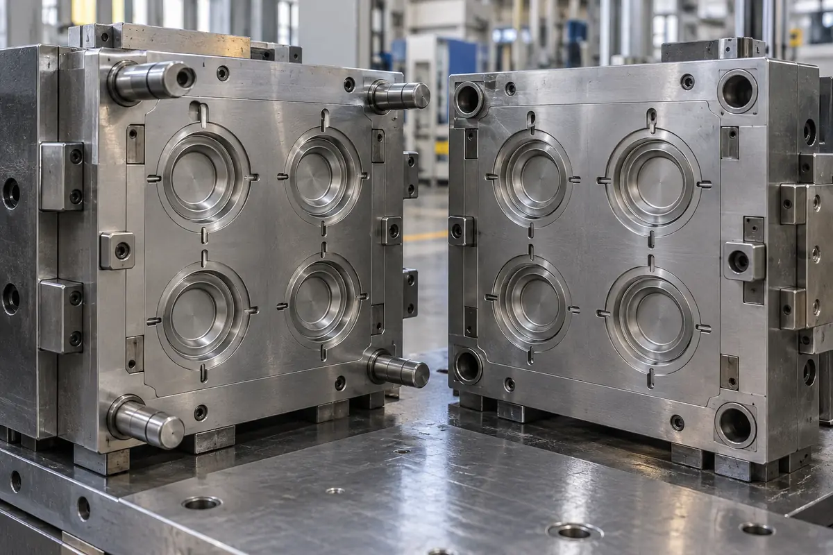 Four annular cavities and surrounding lands in an open steel mold