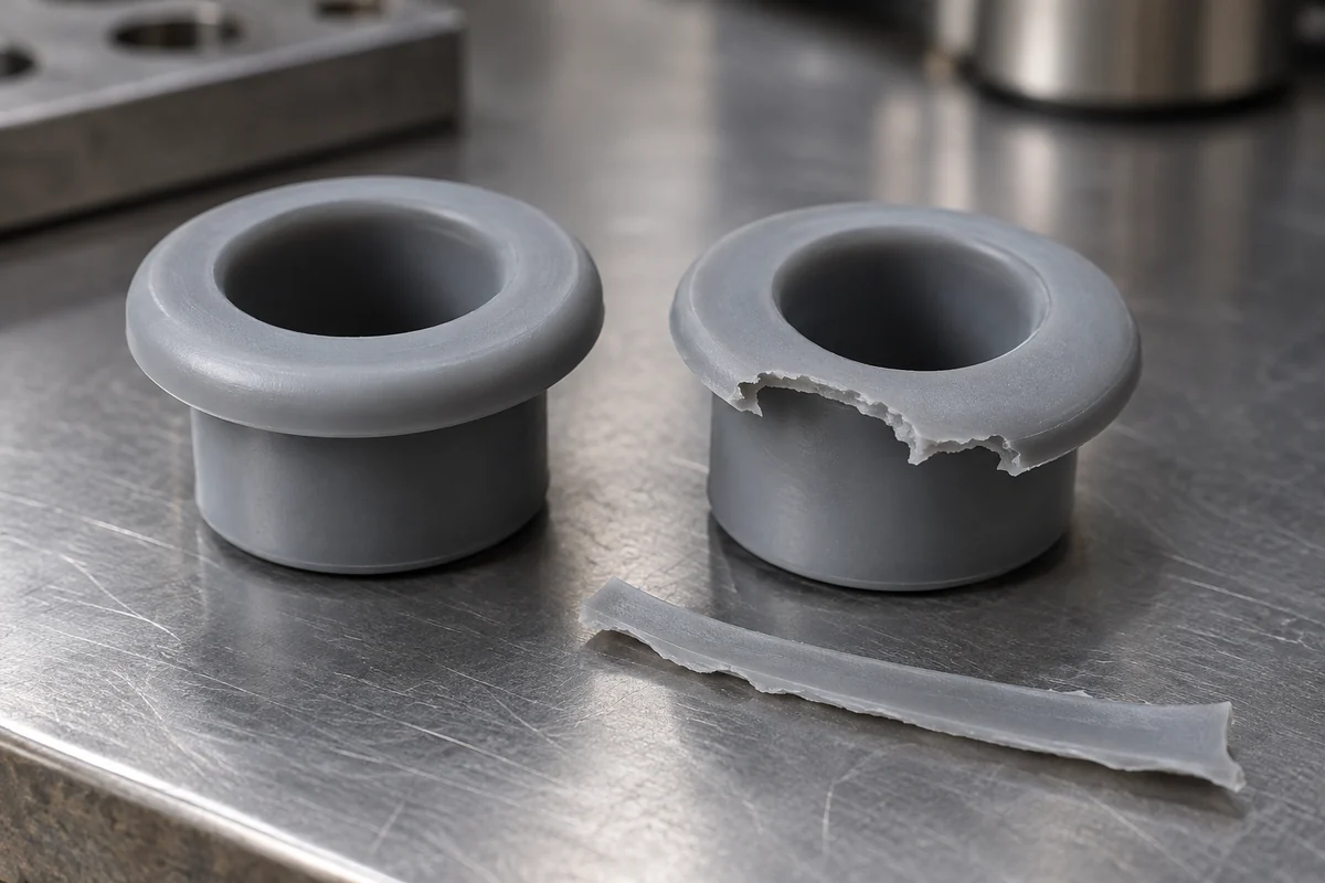Silicone grommets showing an intact lip and a damaged lip beside a thin flash web