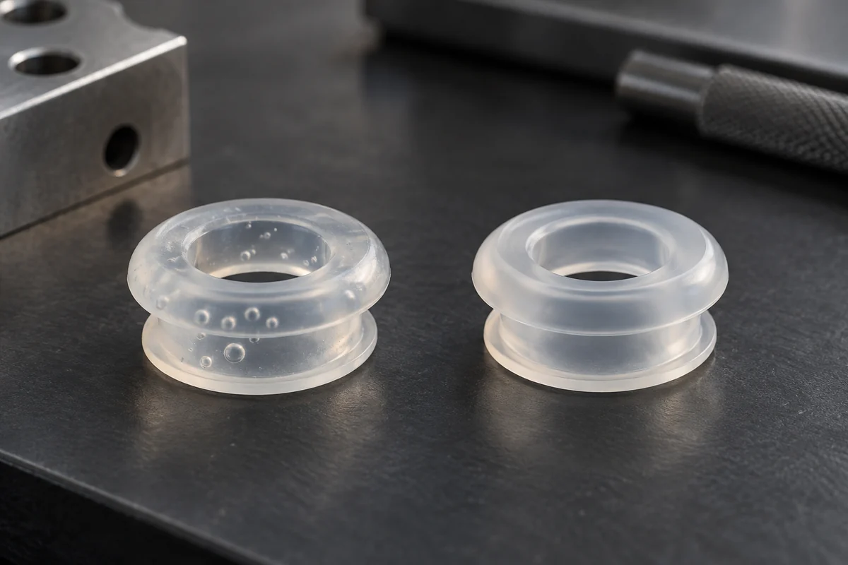 Translucent silicone grommet samples illustrating a uniform part and internal bubbles