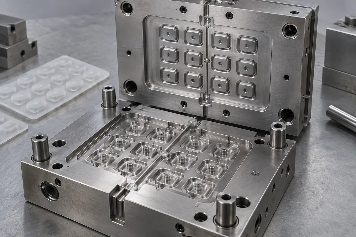 Open LSR keypad mold showing small gates and machined key cavities