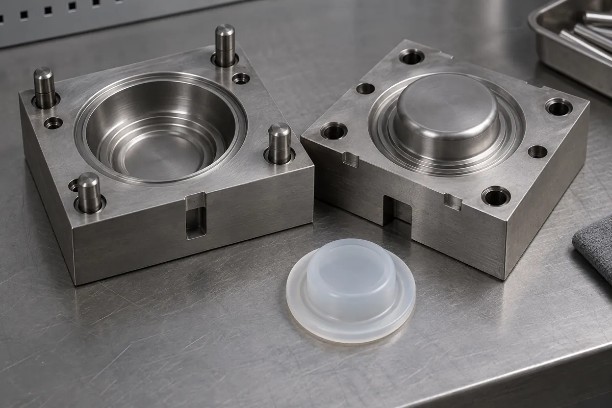 Compression mold cavity with a small unvulcanized silicone preform placed beside it