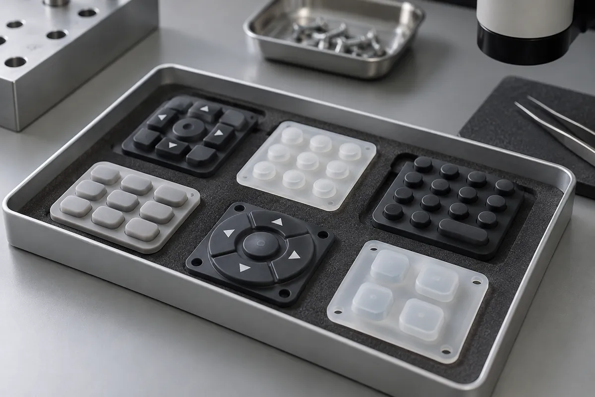 Individual silicone keypad samples in shallow inspection tray, soft industrial light