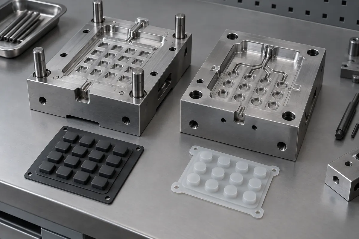 Two silicone keymats beside clean tooling inserts with different feed arrangements