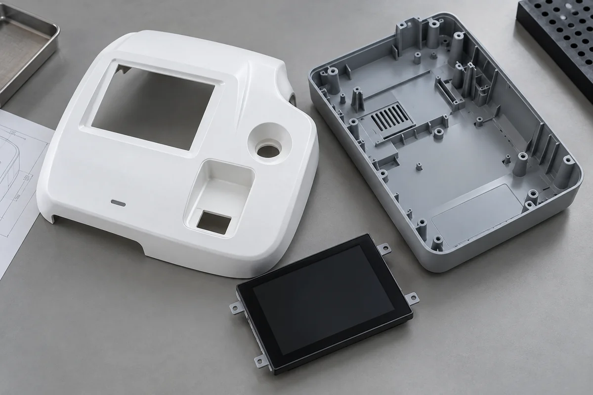 Molded upper cover, matching lower tray and separate display dummy laid out for a scope review