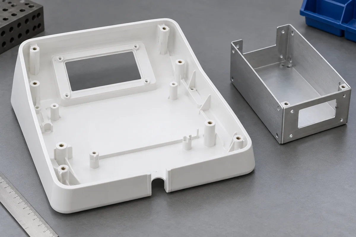 Inverted empty instrument cover showing mounting bosses, display recess and nearby chassis reference