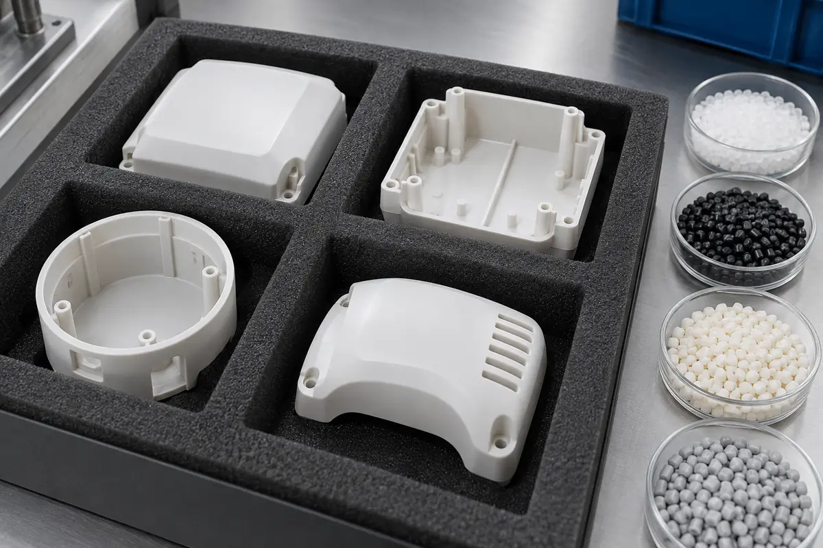Separate molded housing samples protected in individual foam pockets beside resin sample dishes