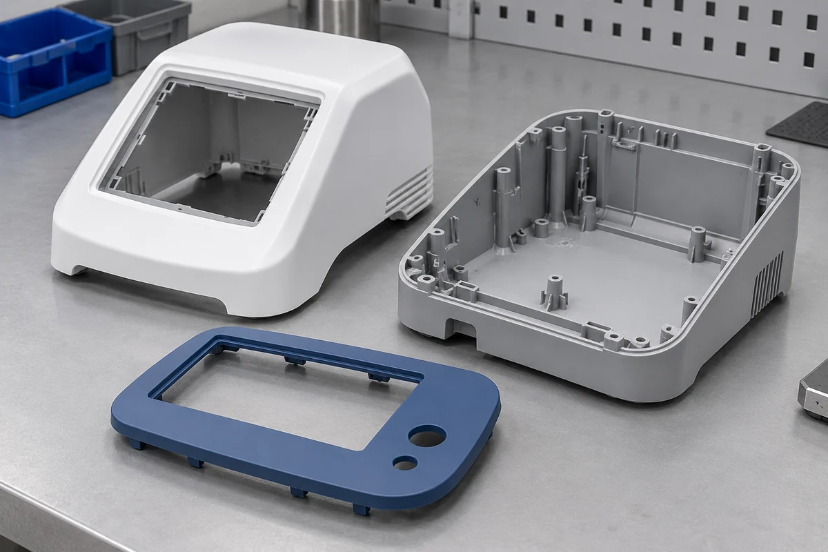 Empty white instrument housings, a gray base and blue-trim bezel arranged on an inspection bench