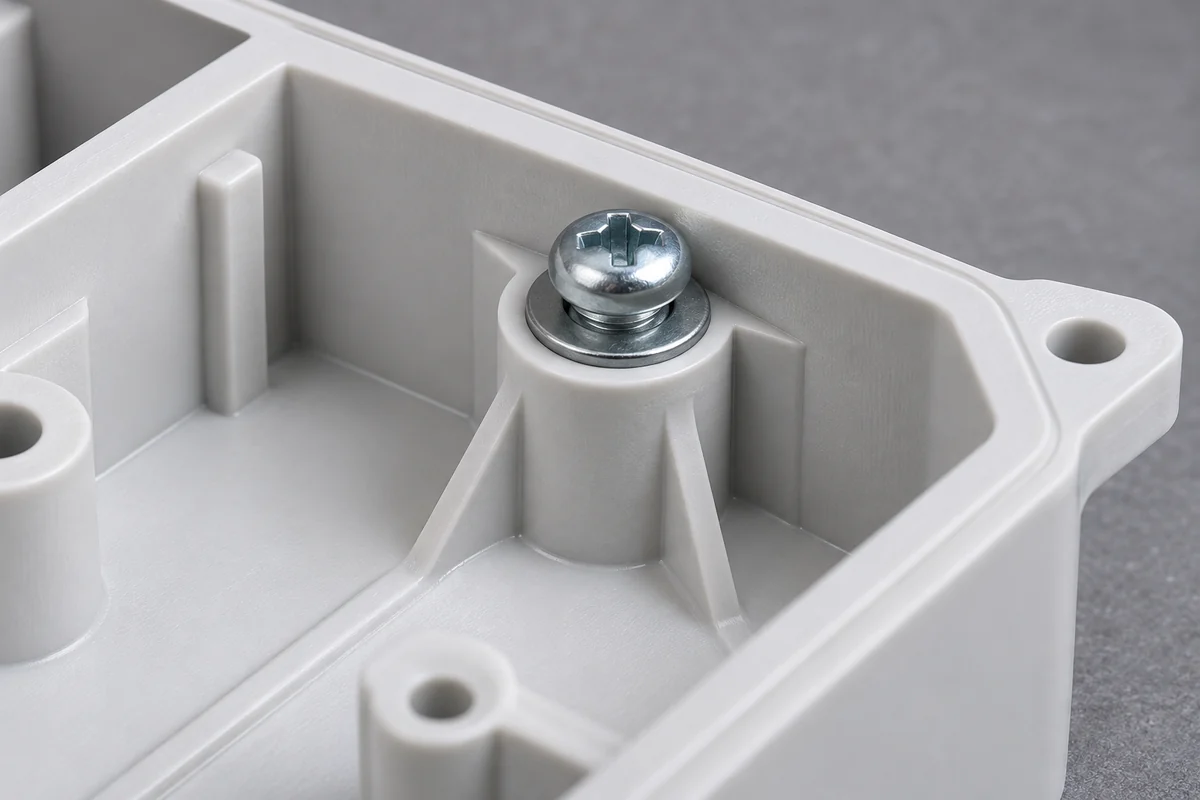 Installed screw and washer loading a white housing boss beside the corner wall