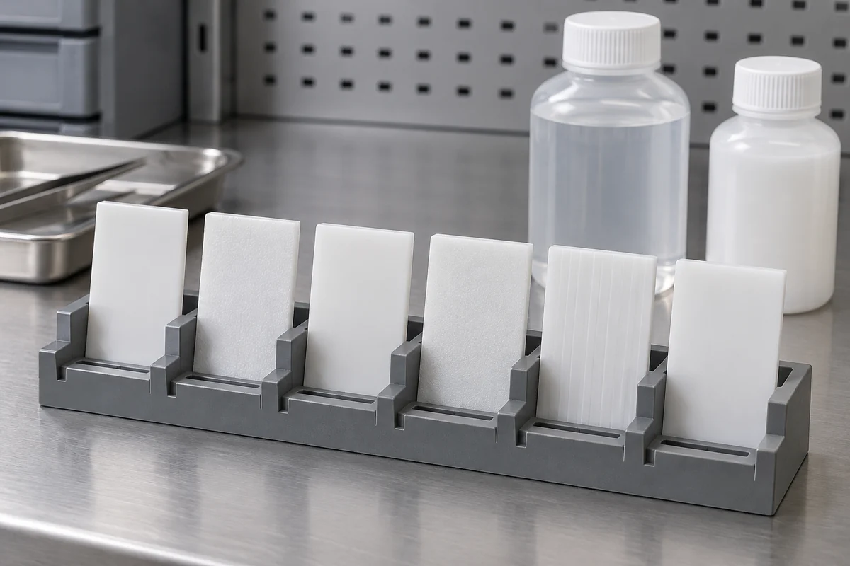 Separate opaque polymer specimens in a laboratory rack with closed plain bottles behind them