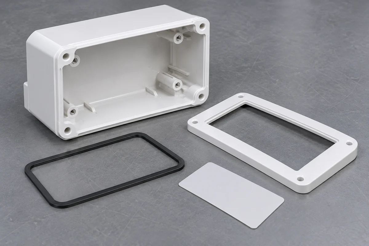Housing, front trim, blank label panel and gasket separated to show their different material interfaces
