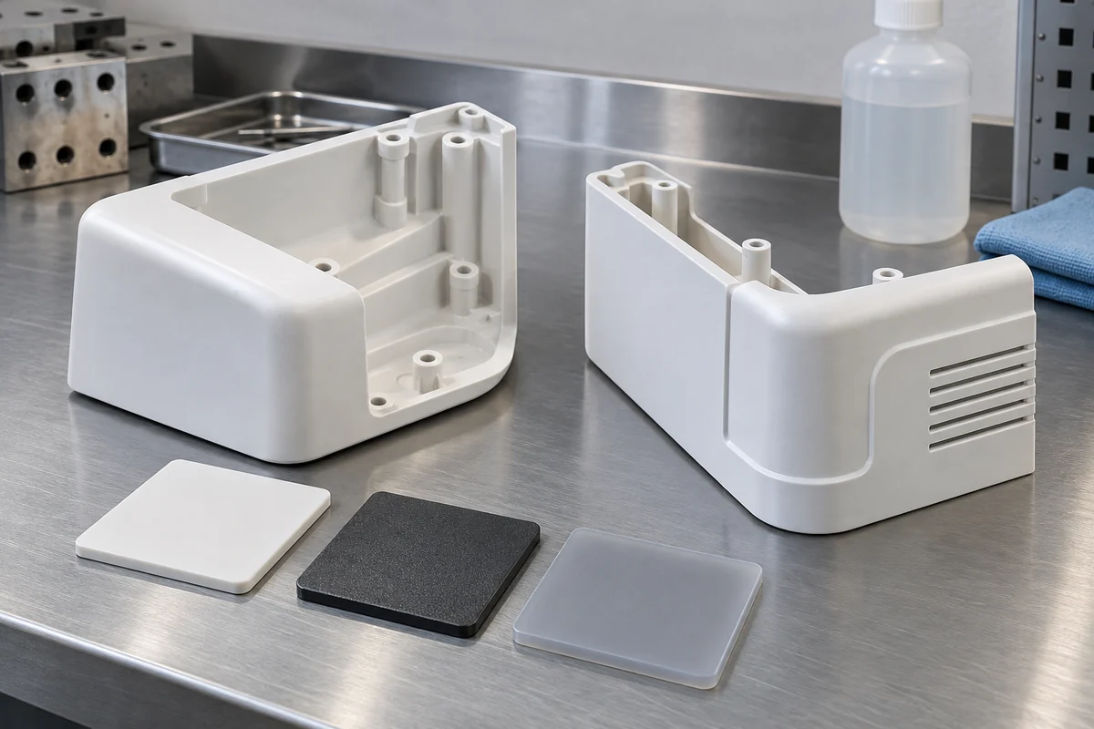 White housing corners and polymer test plaques beside a closed unlabelled cleaning bottle