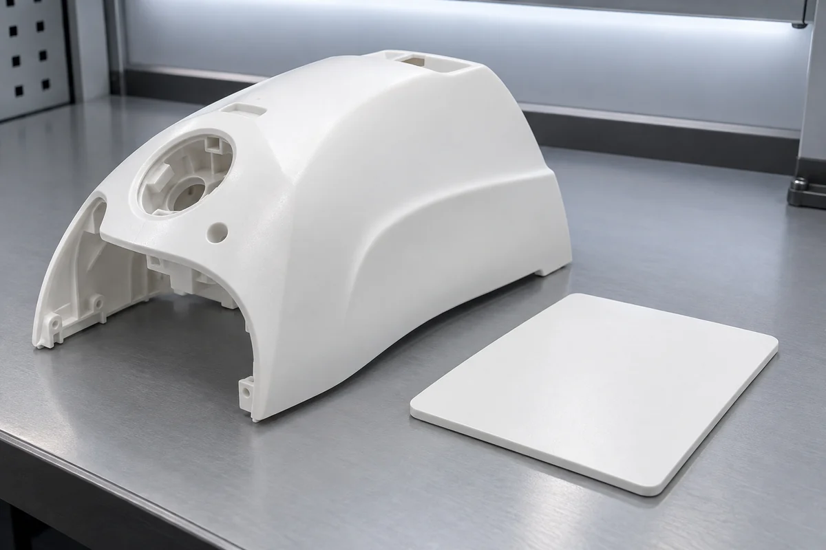 Curved white equipment cover and flat color reference plaque inside neutral inspection lighting