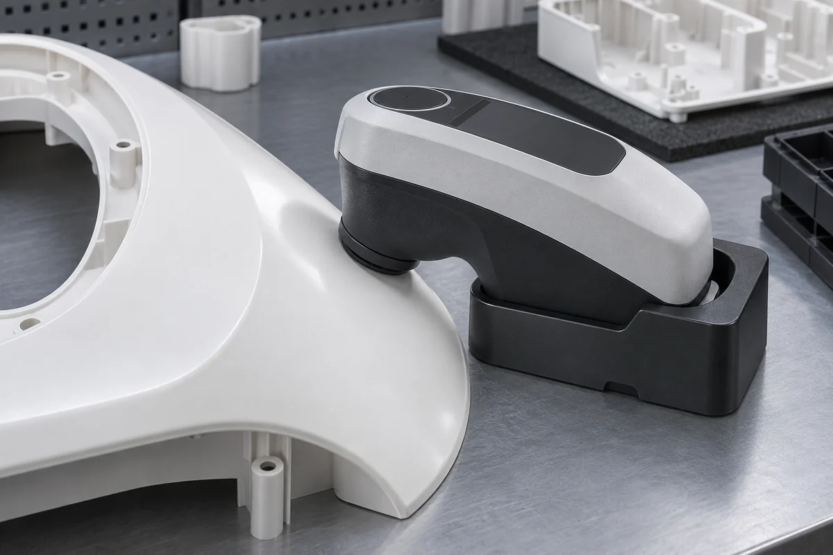 Unbranded contact color instrument in a cradle beside a curved white housing surface
