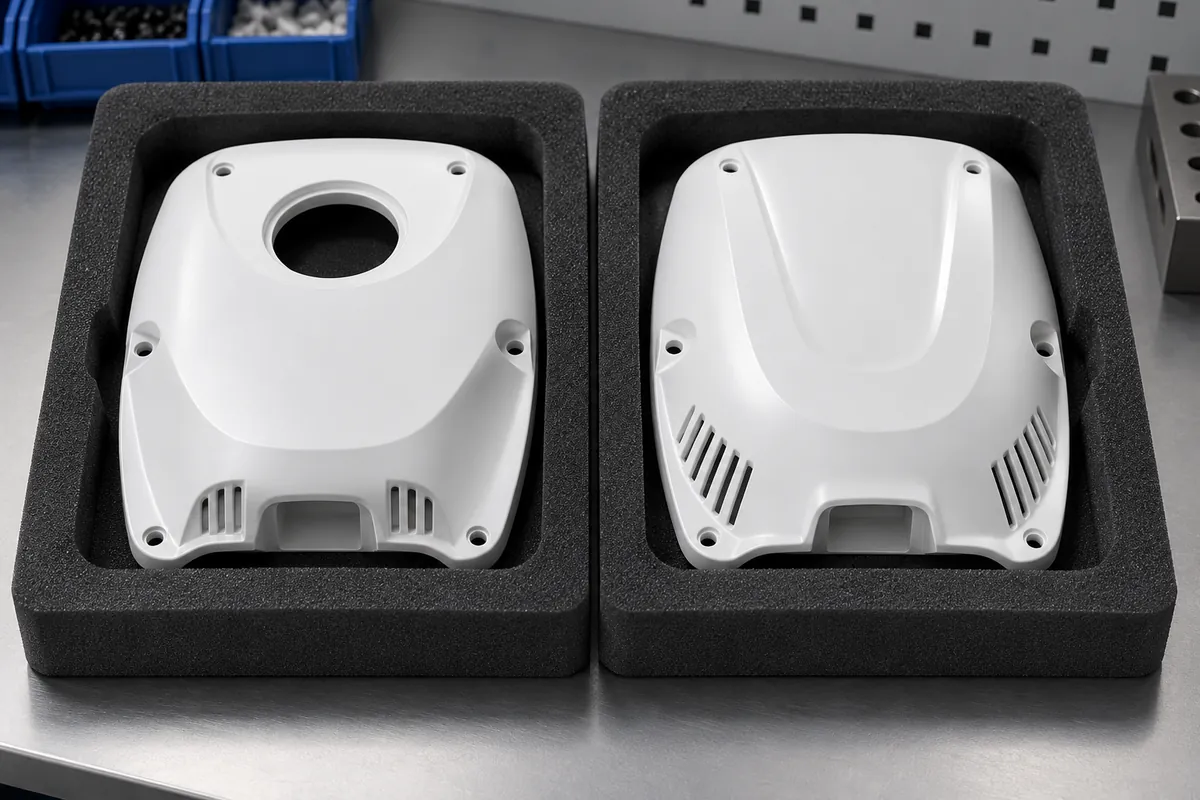 Matched white molded housing halves protected separately in foam trays