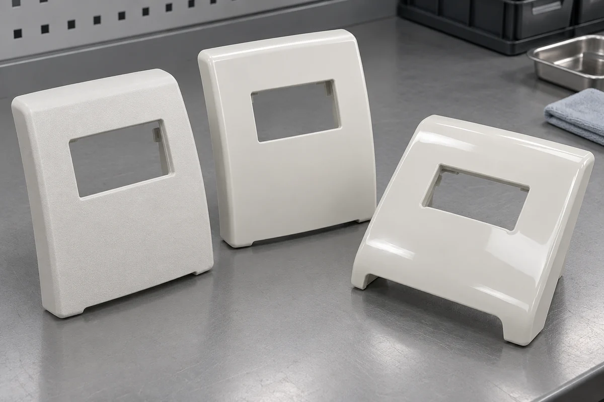 Three pale instrument panels with different surface sheen under neutral inspection lighting