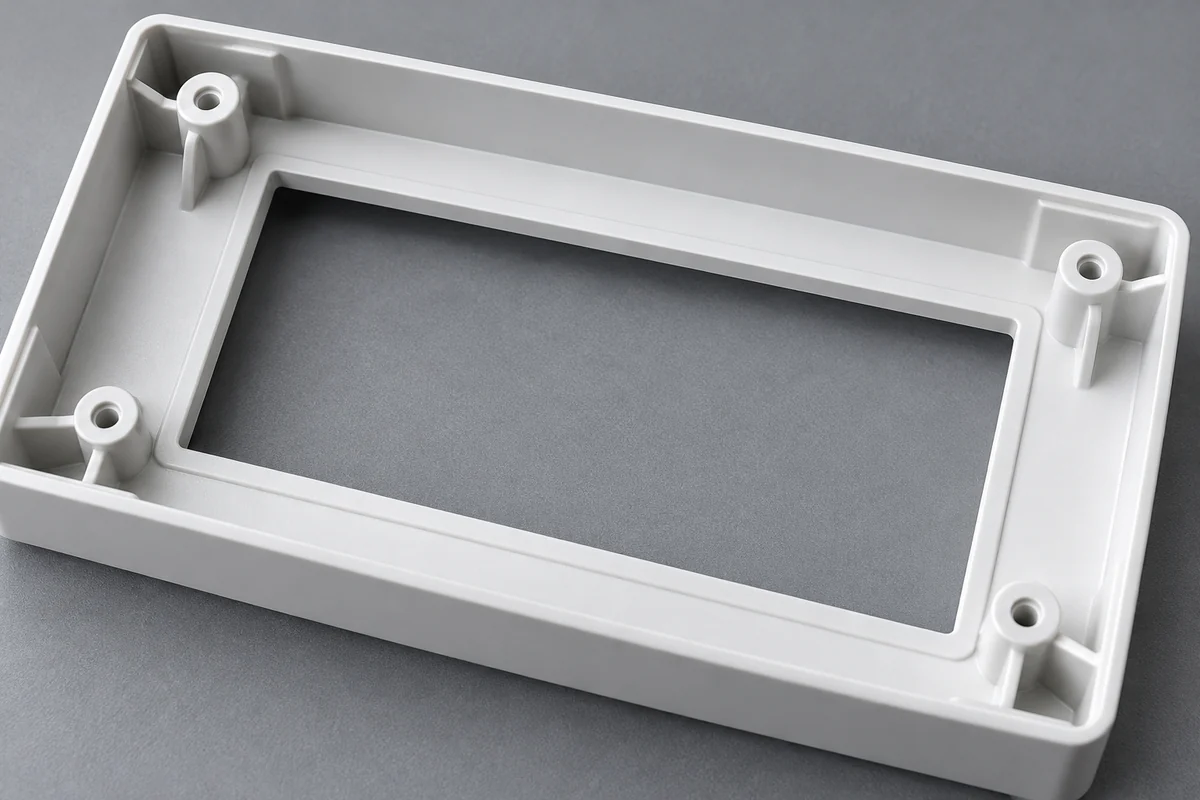 Interior of a molded bezel showing display seating ledge and distinct mounting bosses