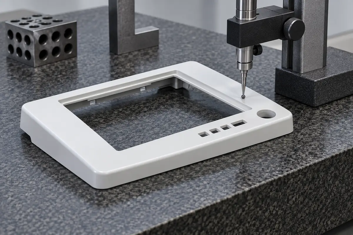 Comparator probe contacting the broad face beside a molded bezel opening on a granite plate