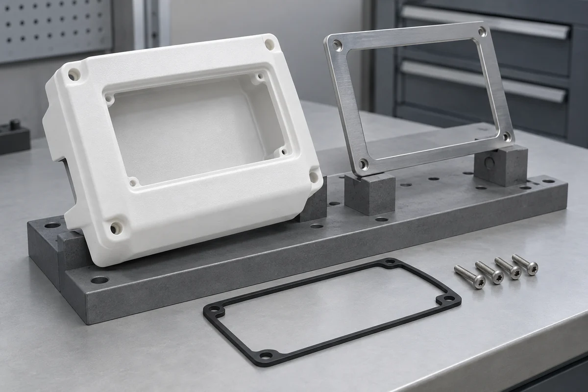 Molded cover, separate metal display frame, gasket and screws arranged on a fixture bench
