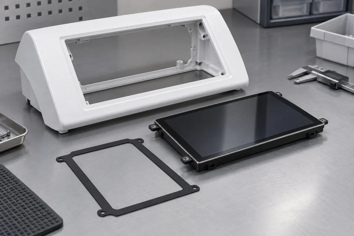 White molded bezel with a rectangular window, separate dark display dummy and mounting gasket