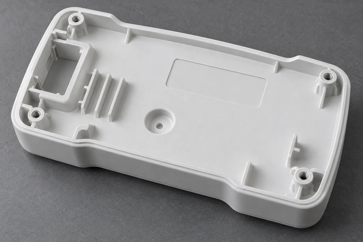 Underside of a white molded housing with an identification recess and distinct mounting features
