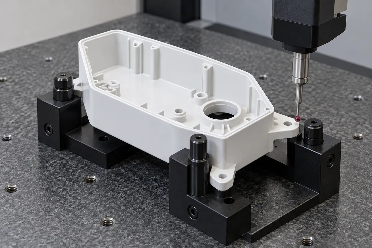 White display housing located in a black inspection nest beneath a stationary measurement probe