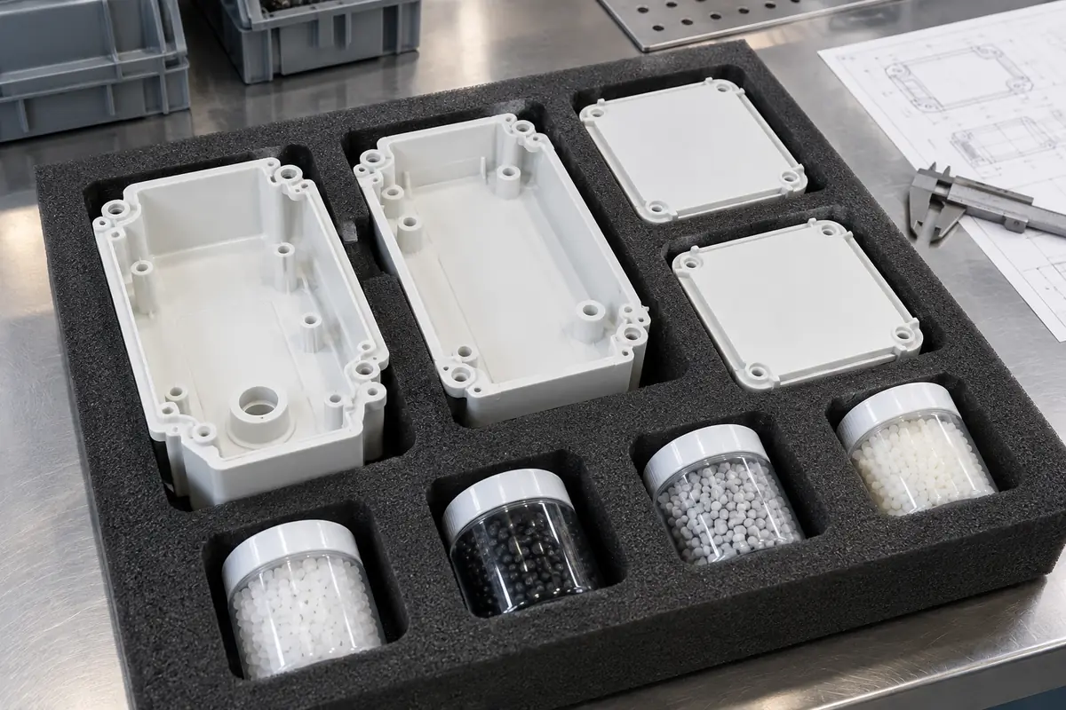 White housing parts and lids separated in compartmented protective packaging beside sealed sample containers