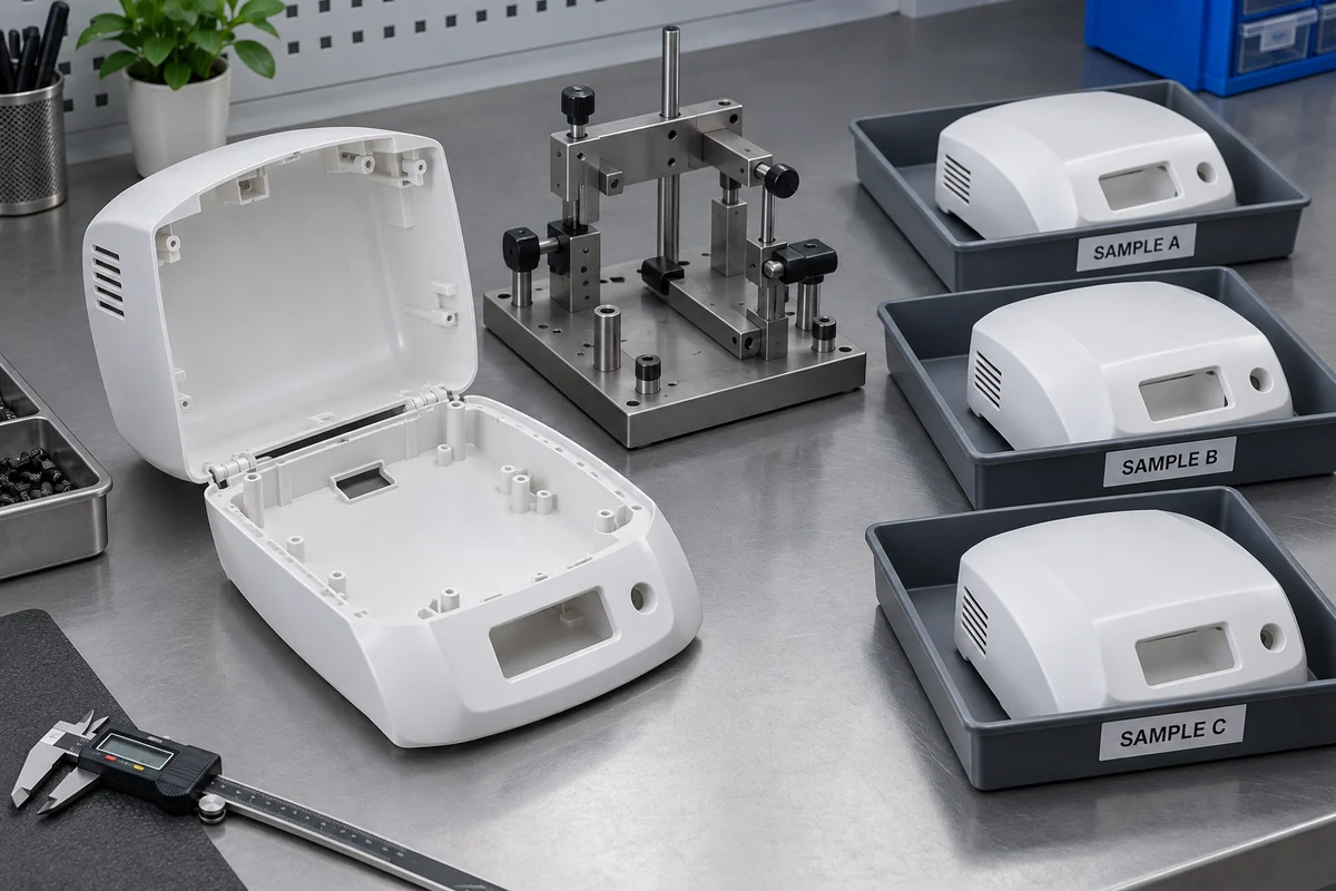 Empty white instrument cover beside a locating fixture and separate sample trays