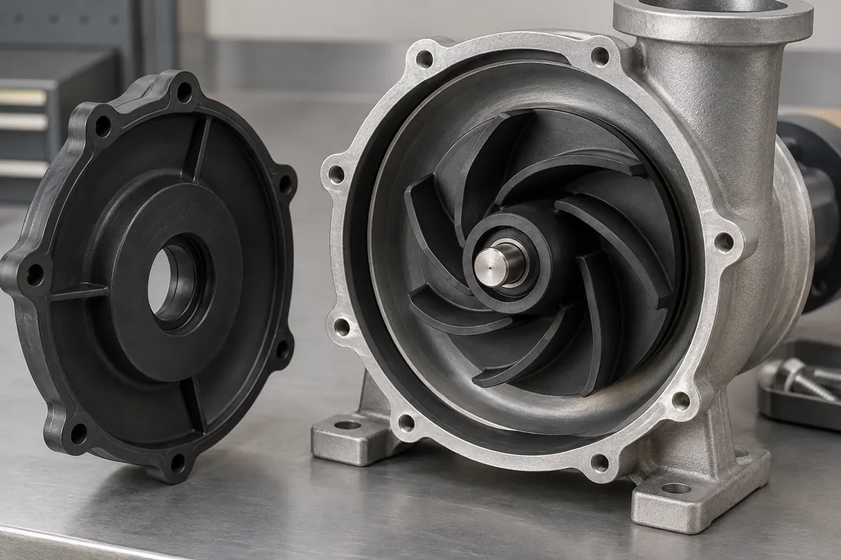 Impeller seated inside open pump volute with visible tip clearance