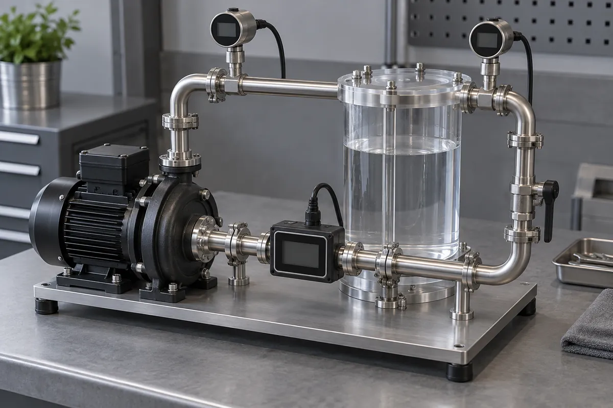 Closed pump loop with flow sensor and pressure taps, displays off