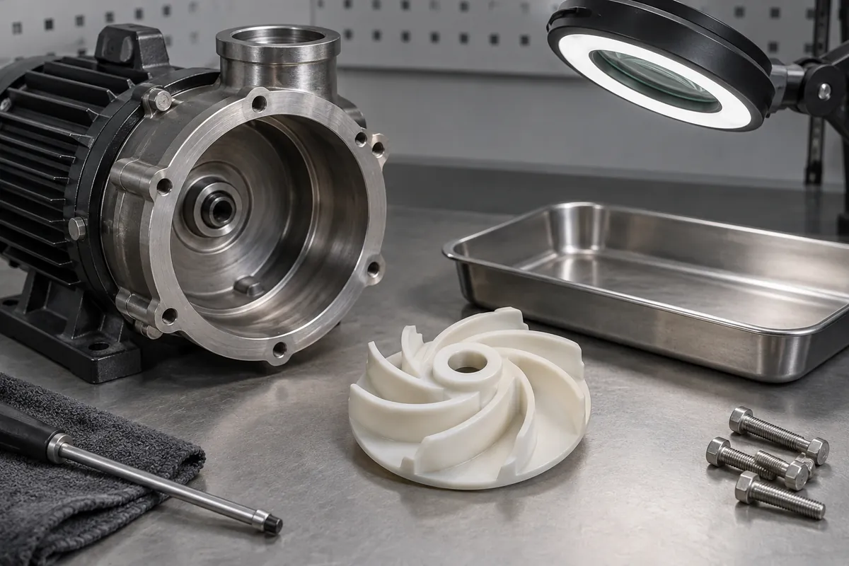 Removed polymer impeller beside inspection lamp and clean collection tray