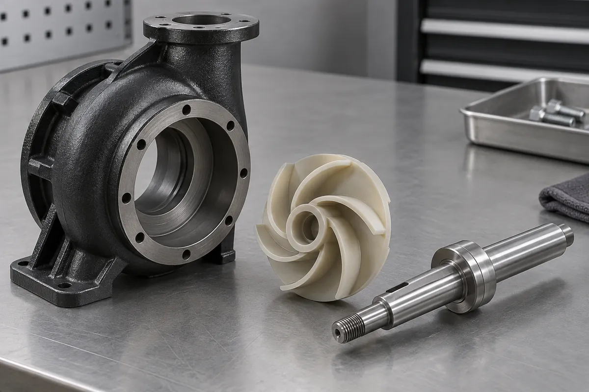 Small polymer impeller separated from pump volute and shaft