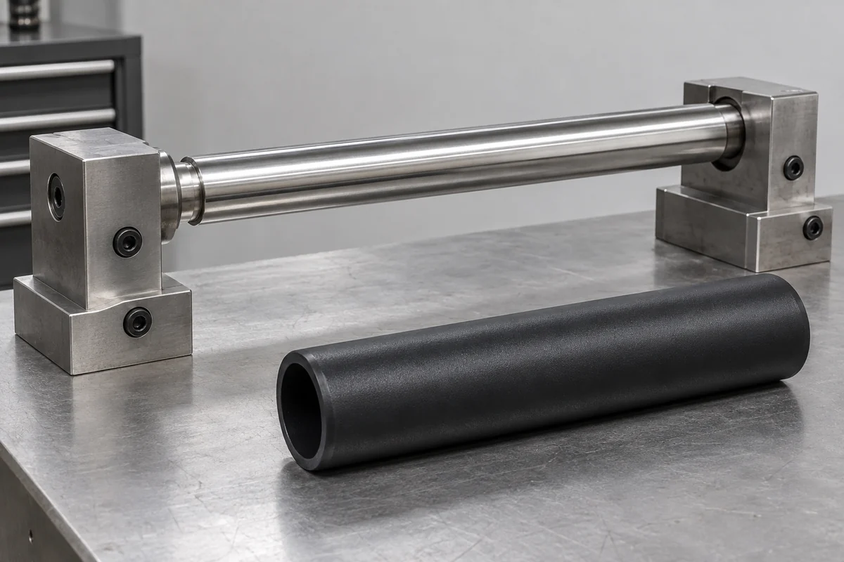 Long tooling core rod located between two steel support blocks beside a molded channel sample