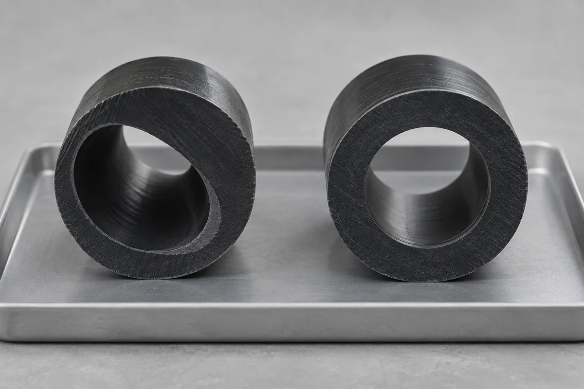 Two cut molded channel samples showing visibly different bore positions within the outer wall
