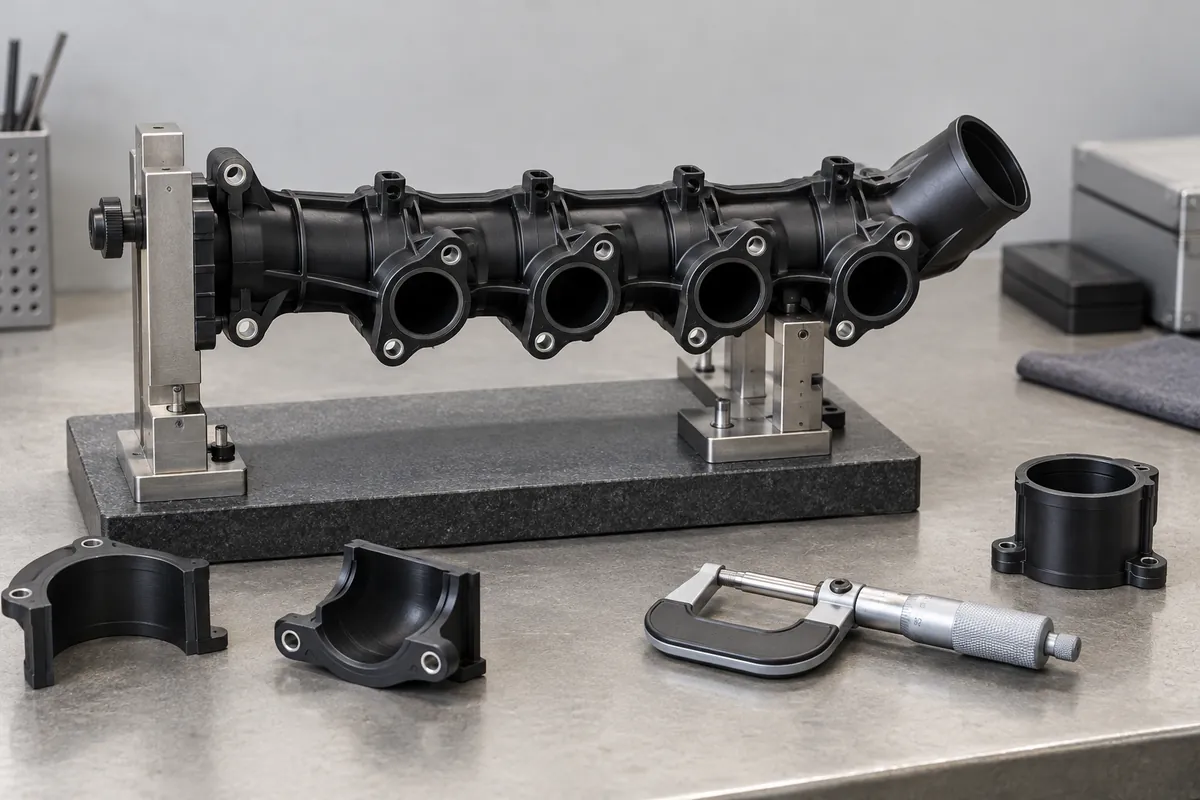 Sectioned black manifold in a stationary inspection fixture with a micrometer beside it