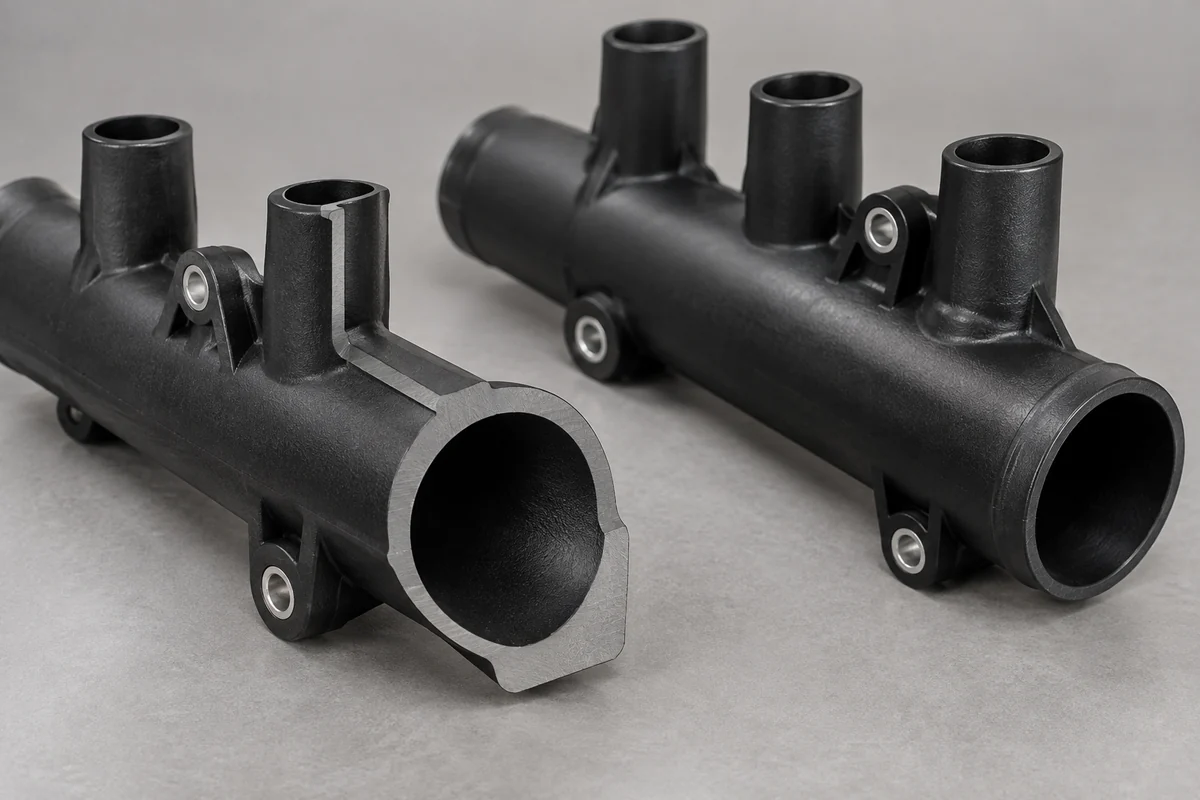 Sectioned molded manifold channel showing an offset bore and unequal surrounding wall thickness