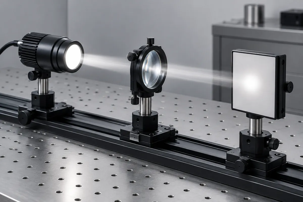 Lens in optical rail holder with white light source and blank detector