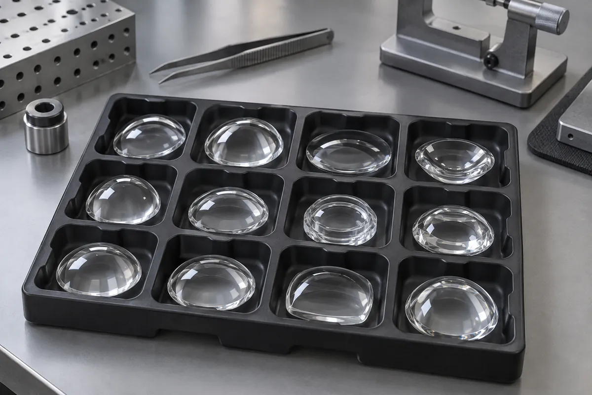 Clear molded lenses arranged by cavity in individual tray compartments