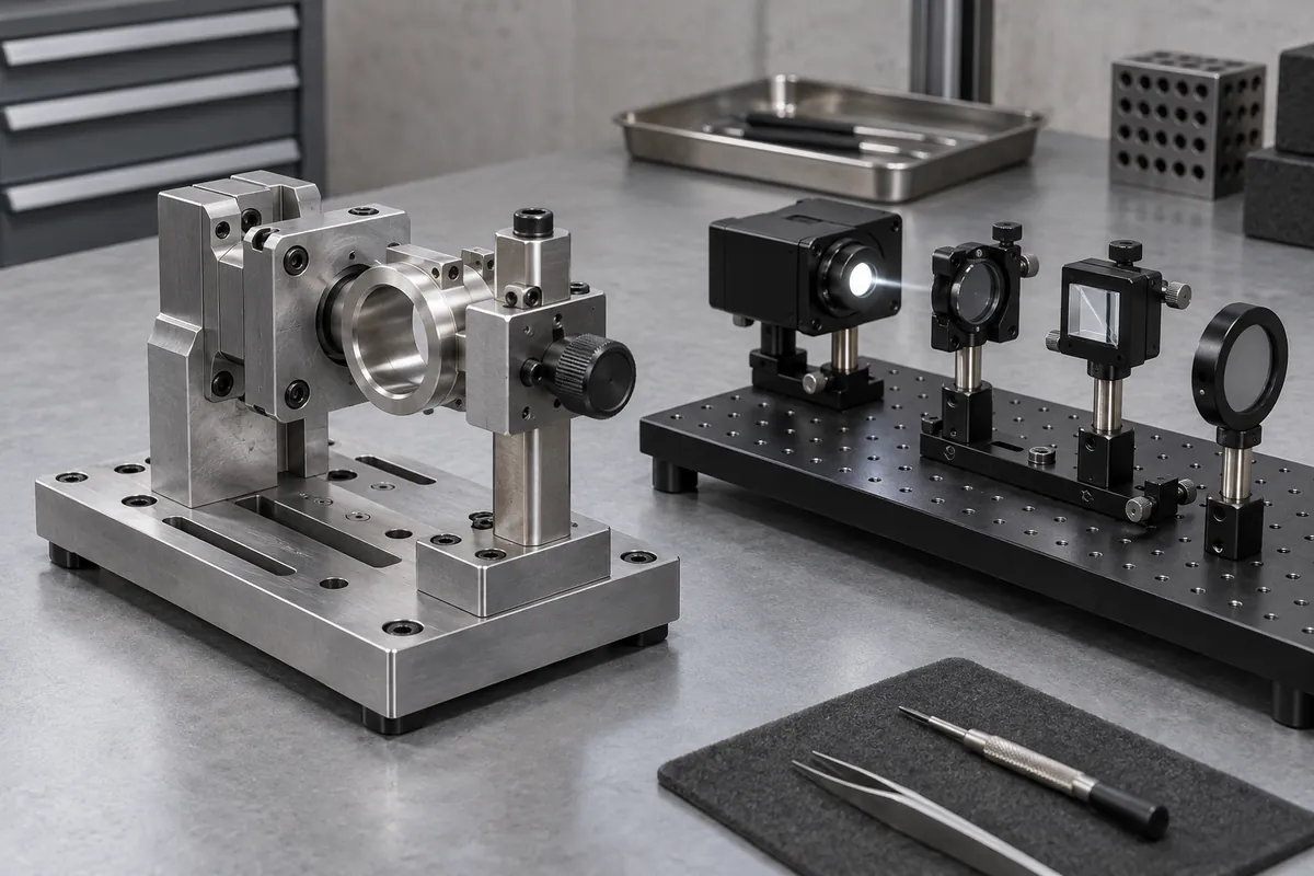 Clear lens on dimensional fixture beside separate optical bench
