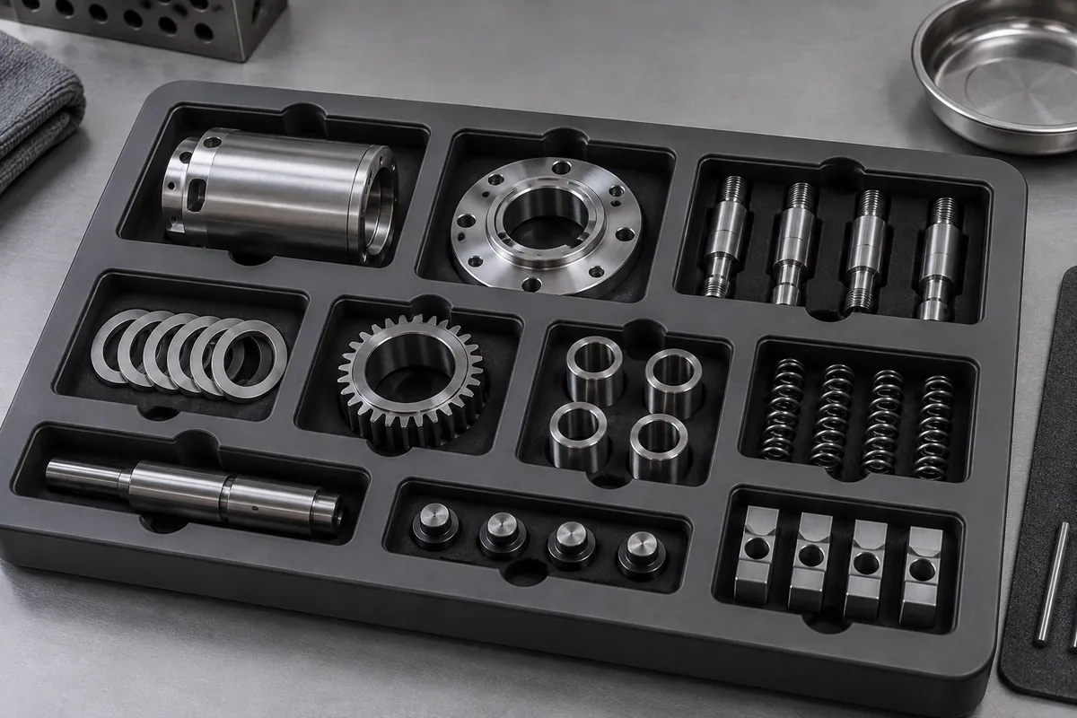Top-down tray pockets with consistent locating datum notches and grasp clearance