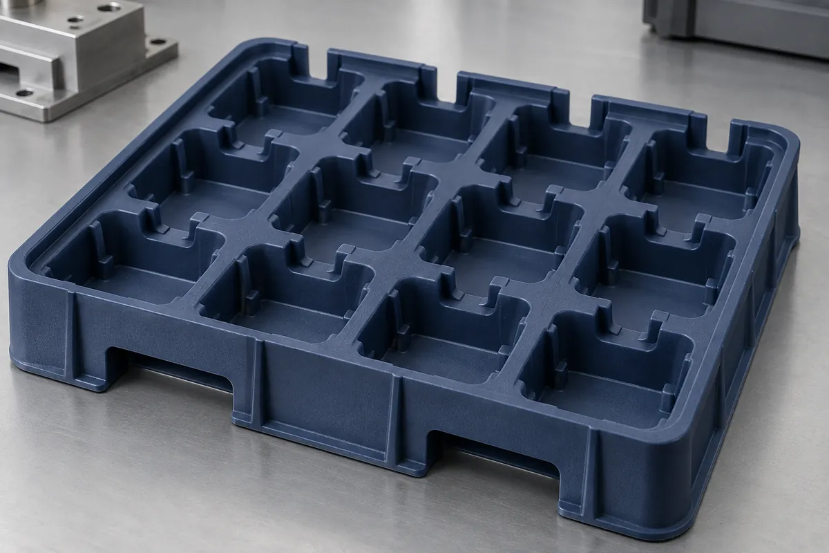 Close view empty tray pocket with access slots for parallel mechanical gripper jaws