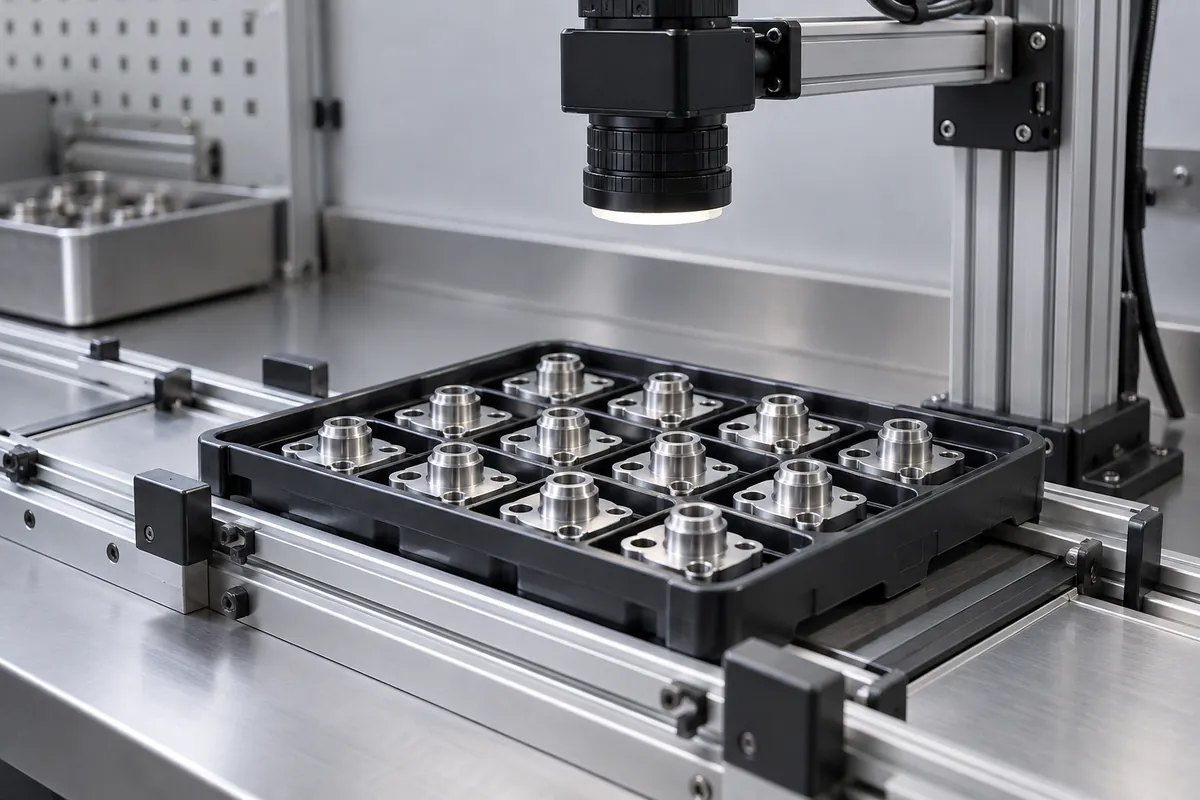 Tray seated on fixture rails beneath overhead machine vision camera