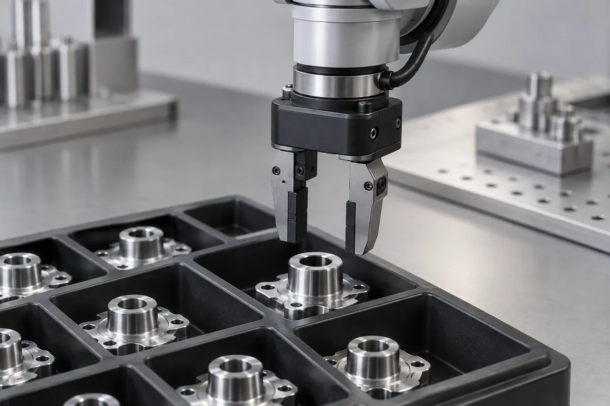 Industrial robot gripper only, no human form, poised over component in tray pocket