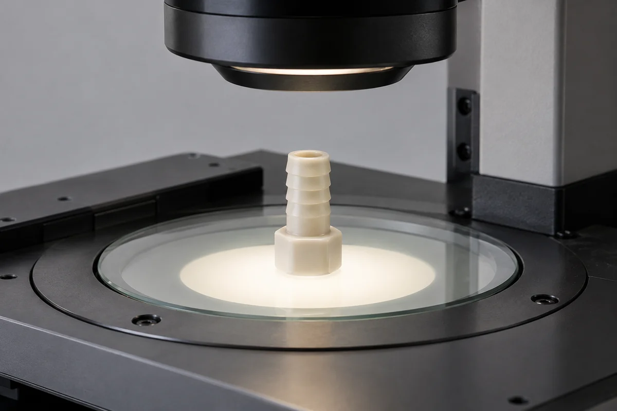 Molded barb positioned on a backlit optical inspection stage