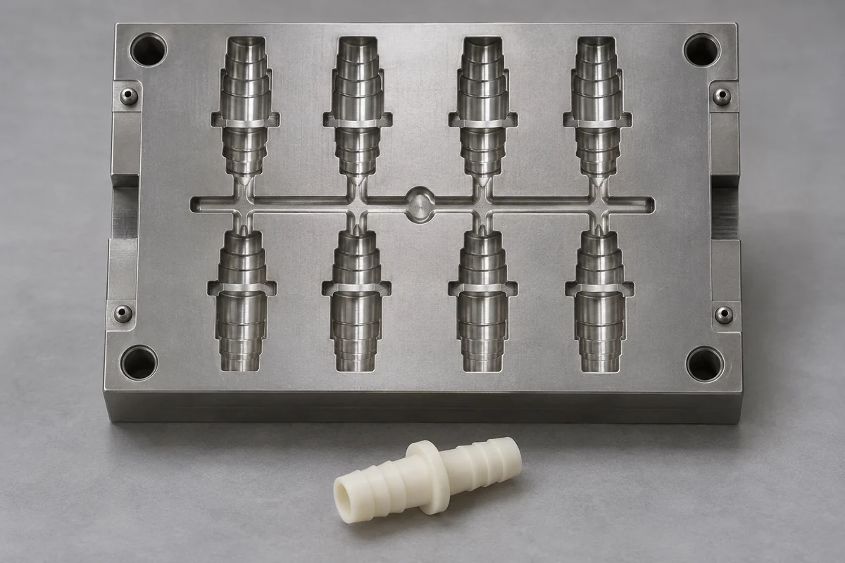 Eight-cavity fitting tool insert beside a separate molded sample