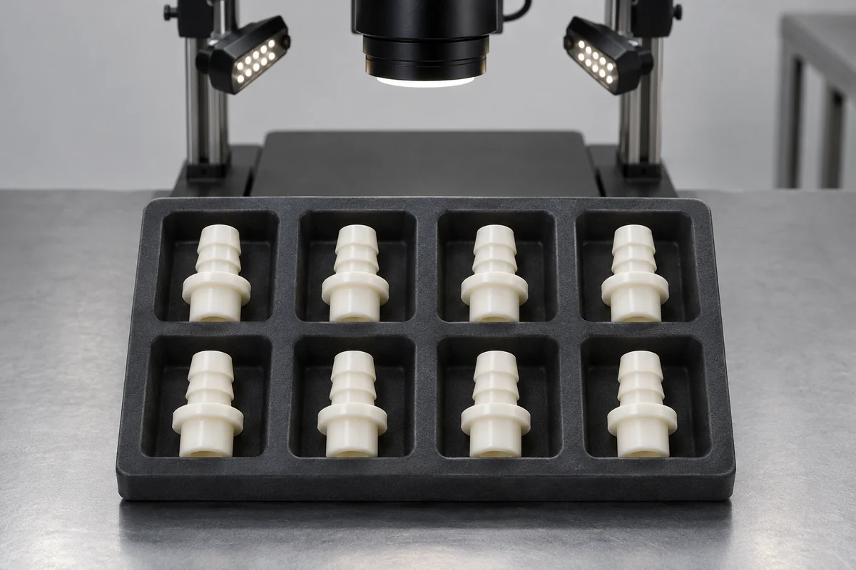Eight molded barb design samples in a compartment tray beside an optical inspection stand