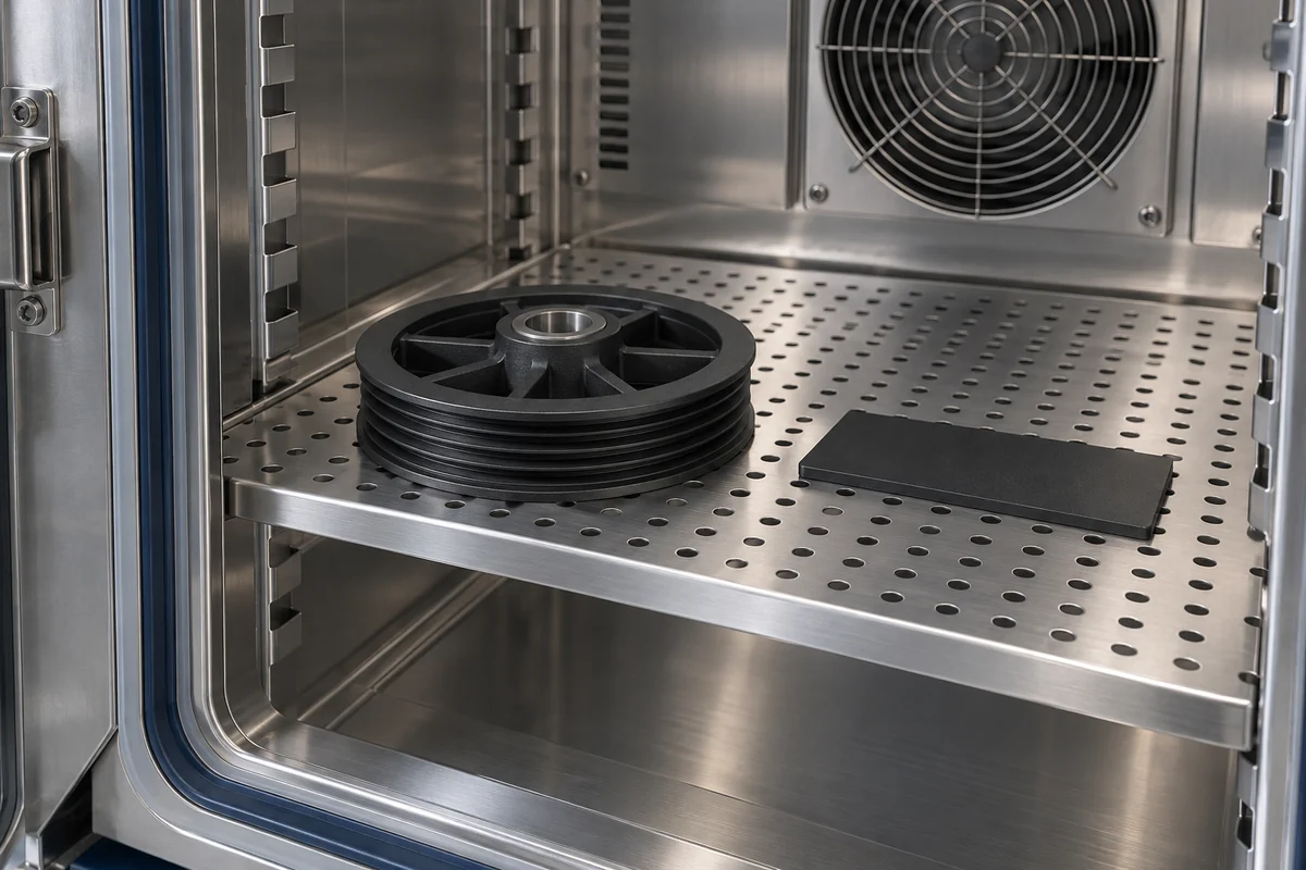 Pulley and molded witness coupon on a stainless conditioning-chamber shelf